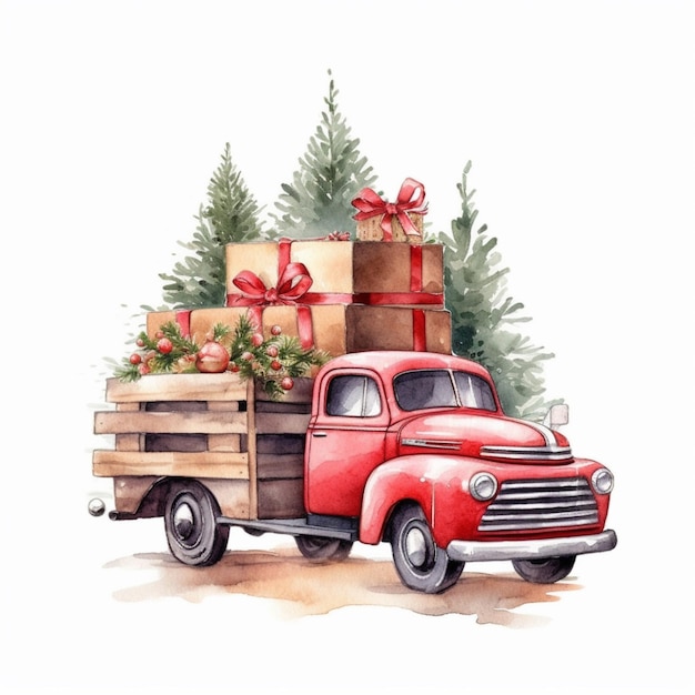 Es gibt einen roten Truck mit einem Haufen Geschenke im hinteren Teil.