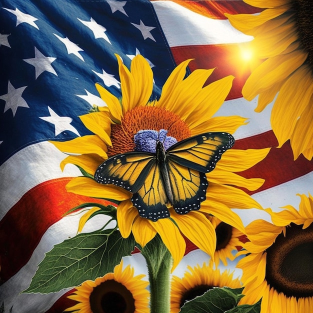 Es gibt einen Schmetterling auf einer Sonnenblume mit einer amerikanischen Flagge im Hintergrund. Generative KI