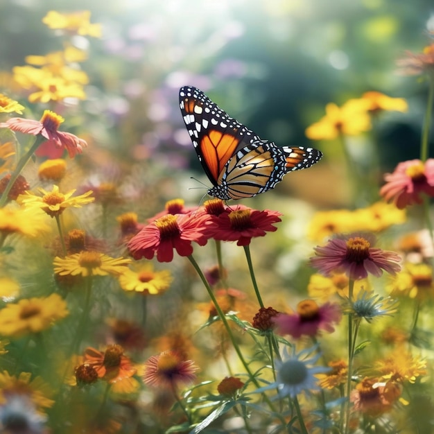 Es gibt einen Schmetterling, der auf einer Blume im Feld sitzt.