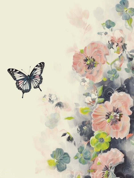Es gibt einen Schmetterling, der über einige Blumen fliegt generativ ai