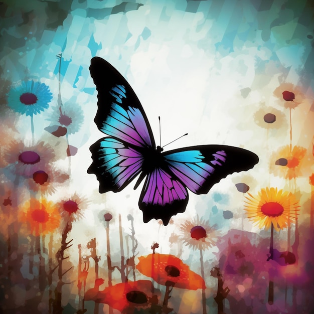 Es gibt einen Schmetterling, der über einige generative Blumen fliegt