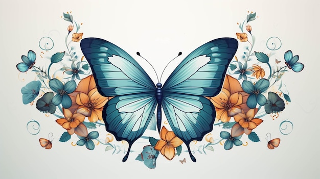 Es gibt einen Schmetterling mit blauen Flügeln und orangefarbenen Blumen.