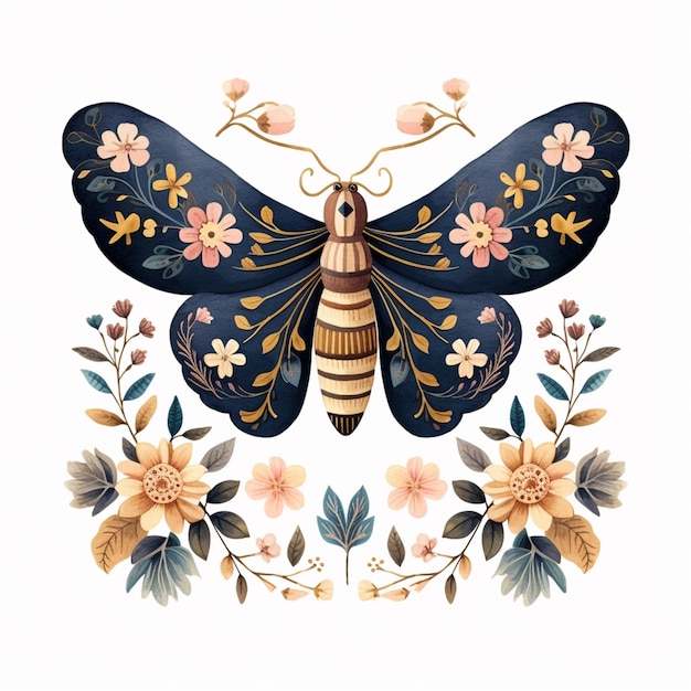 Es gibt einen Schmetterling mit einer Biene darauf, umgeben von generativen Blumen
