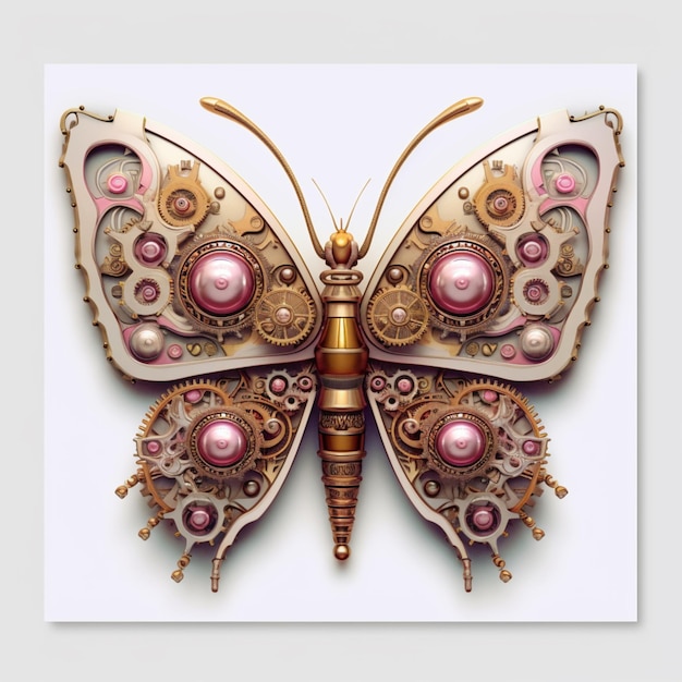 Es gibt einen Schmetterling mit rosa und goldenen Details auf seinen Flügeln