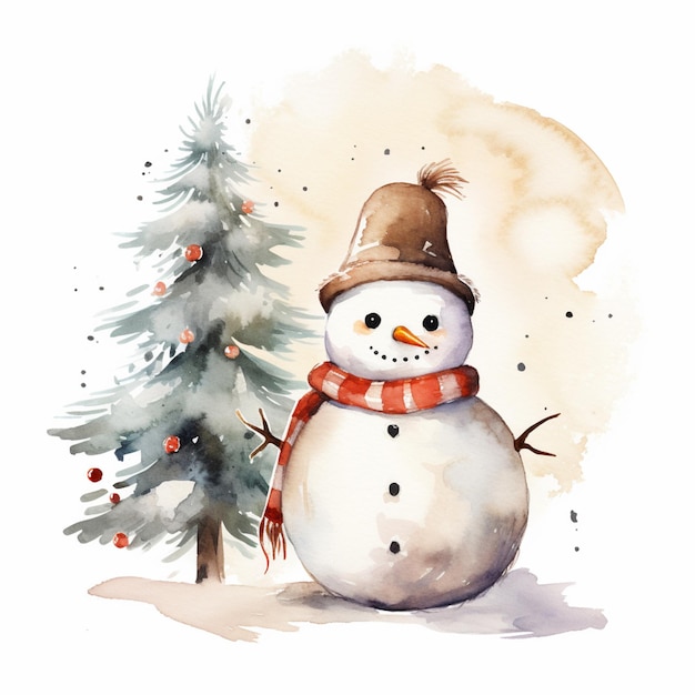 Es gibt einen Schneemann, der neben einem Baum steht.