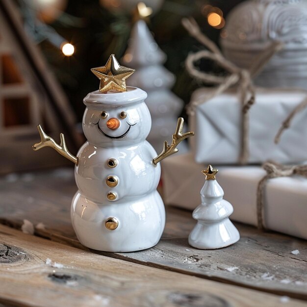 Foto es gibt einen schneemann, der neben einem weihnachtsbaum sitzt.