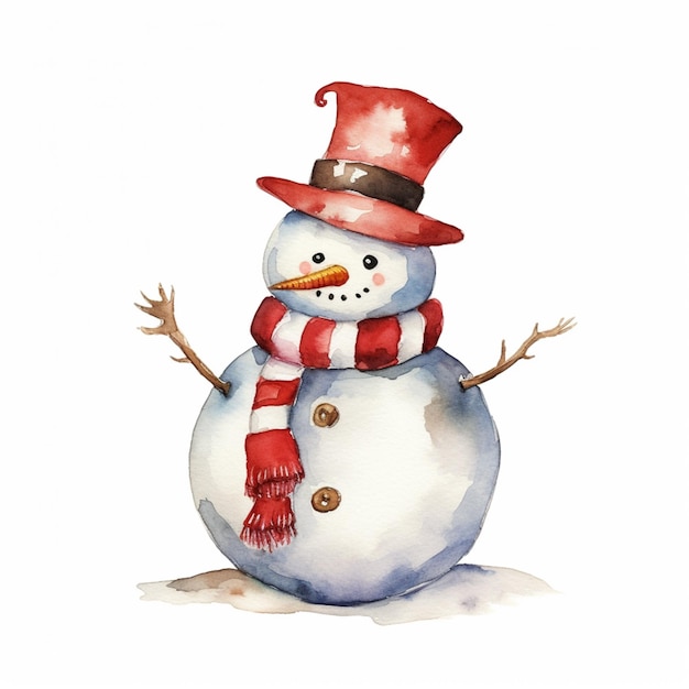 Es gibt einen Schneemann mit rotem Hut und Schal.