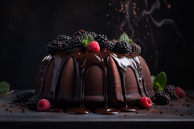 Es gibt einen Schokoladenkuchen mit Schokoladen-Glasur und Beeren an der Spitze.