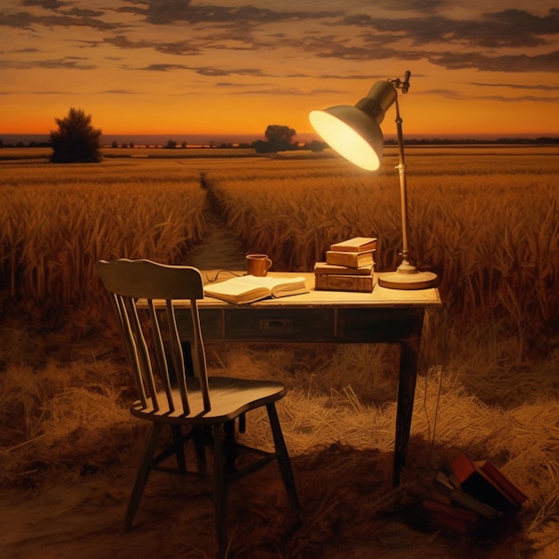 Es gibt einen Schreibtisch mit einer Lampe und einem Stuhl in einem generativen Feld