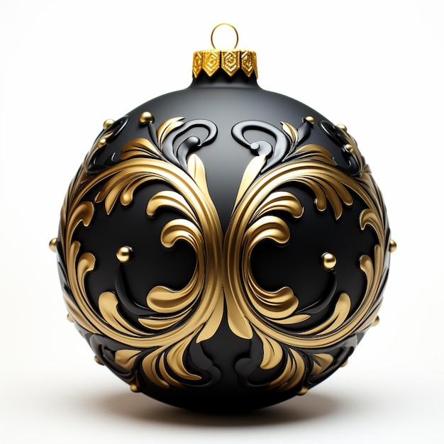 Es gibt einen schwarz-goldenen Weihnachtsball mit goldenen Ornamenten.