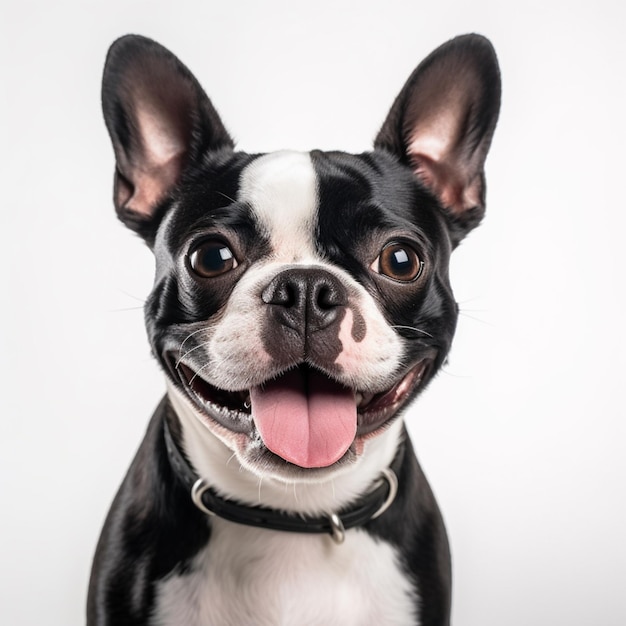 Es gibt einen schwarz-weißen Hund mit einem Halsband und einem Halsband um den Hals