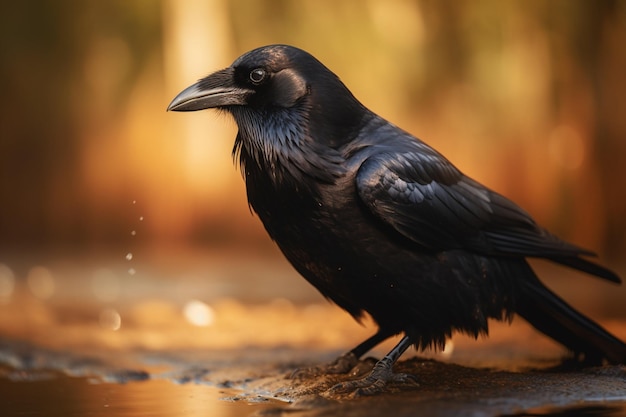 Es gibt einen schwarzen Vogel, der auf dem Boden in der wassergenerierenden KI steht