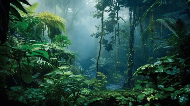 Es gibt einen sehr dichten Dschungel mit vielen Bäumen und generativen Pflanzen