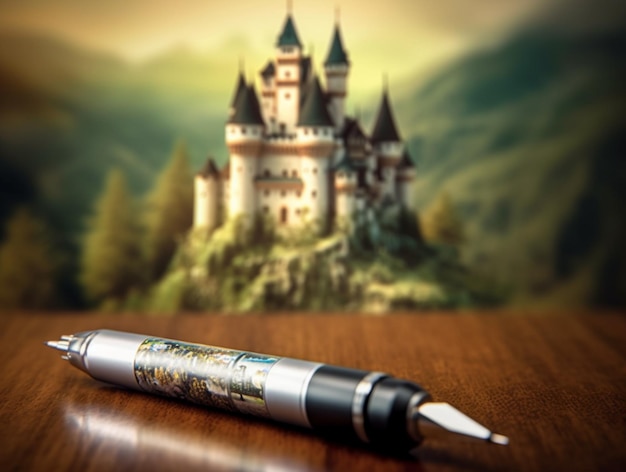Es gibt einen Stift, der auf einem Tisch in der Nähe einer Burg mit generativer KI liegt