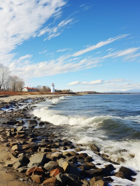 Es gibt einen Strand mit Felsen und Wasser darauf generative ai