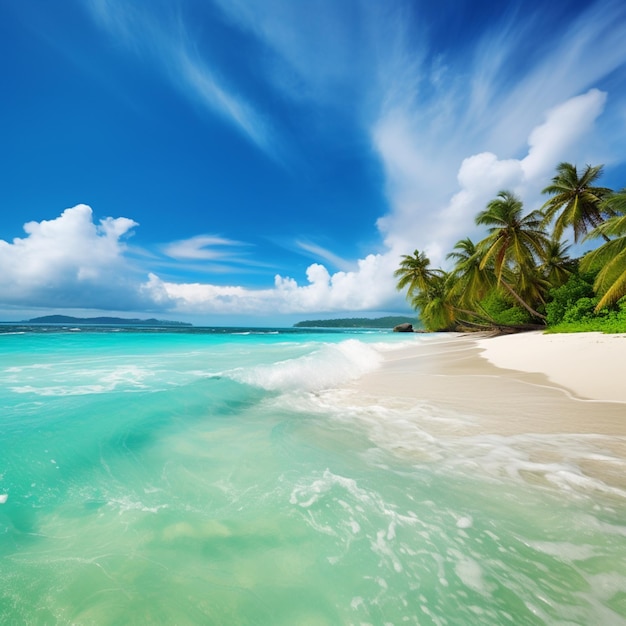 Es gibt einen Strand mit vielen Palmen und einem blauen Himmel.