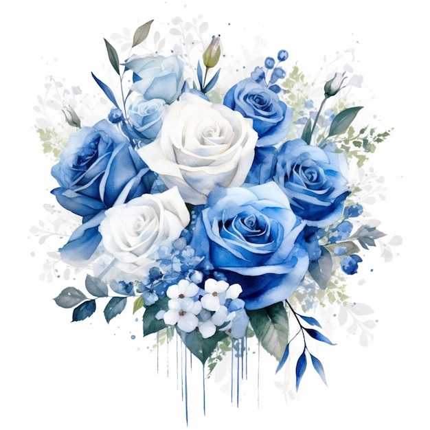 Es gibt einen Strauß blauer und weißer Rosen mit generativen Blättern