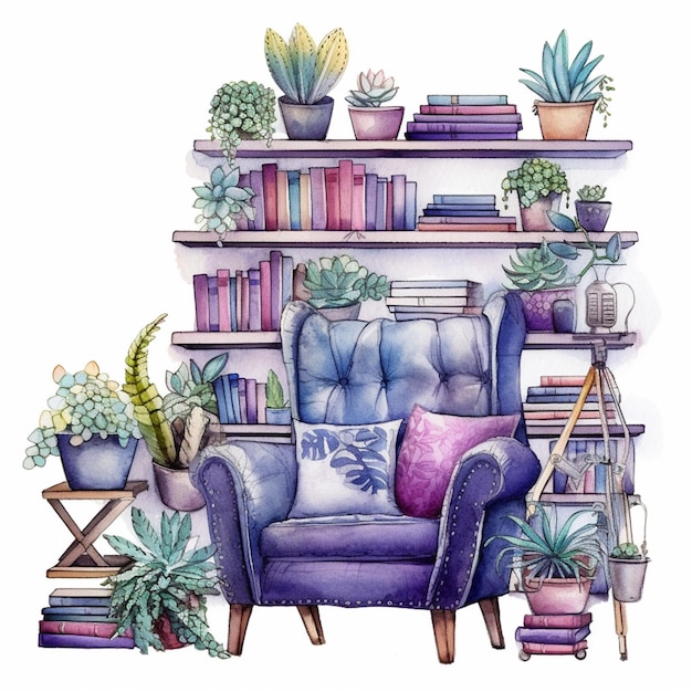 Es gibt einen Stuhl mit einem Kissen und ein Bücherregal mit Pflanzen generative ai