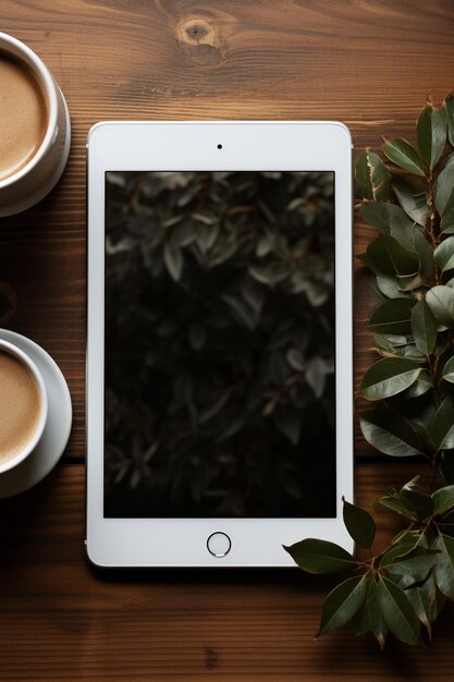 Es gibt einen Tablet-Computer, der mit einer Tasse Kaffee auf einem Tisch sitzt.