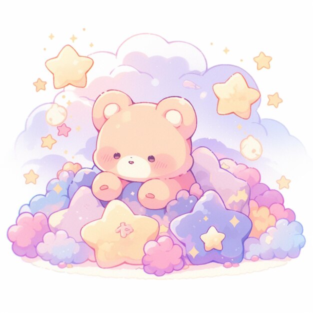 Es gibt einen Teddybären, der auf einer Wolke mit Sternen sitzt.
