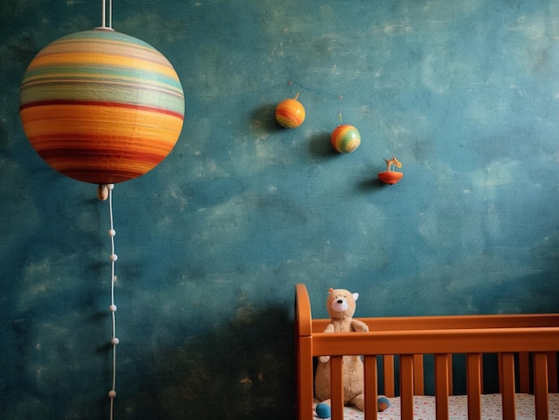 Es gibt einen Teddybären, der in einem Kinderbett neben einer Wand mit generativer Planeten-KI sitzt