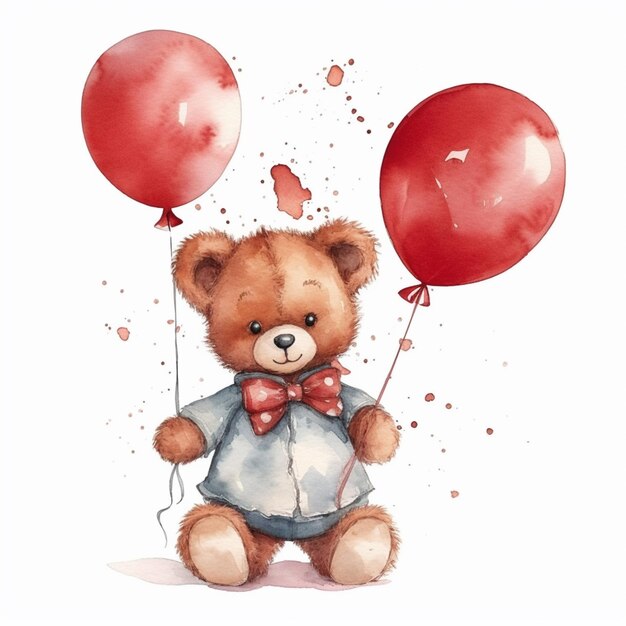 Es gibt einen Teddybären, der zwei rote Luftballons und eine Fliege hält