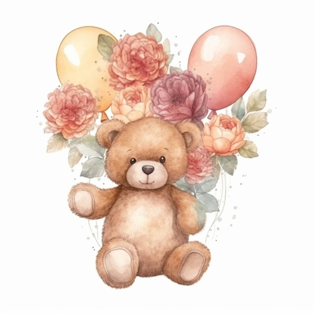 Es gibt einen Teddybären mit Luftballons und Blumen darauf, generative KI