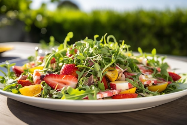 Es gibt einen Teller mit Salat, Erdbeeren und anderem Gemüse.