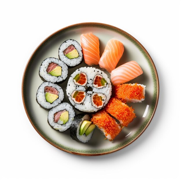 Es gibt einen Teller mit Sushi und Rollen auf einer weißen Oberfläche generative ai