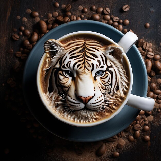 Foto es gibt einen tigerkopf auf einer tasse kaffee.