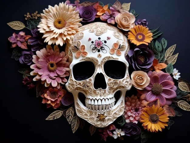 Es gibt einen Totenkopf mit Blumen darauf auf schwarzem Hintergrund, generative KI