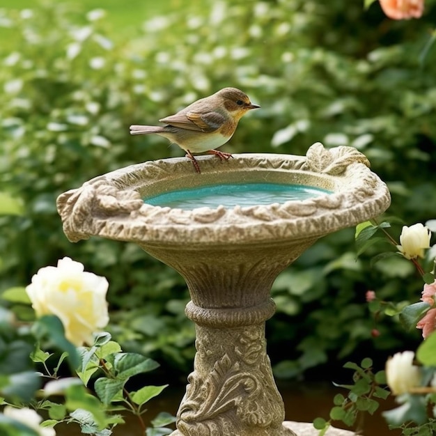 Es gibt einen Vogel, der auf einem Vogelbad sitzt.