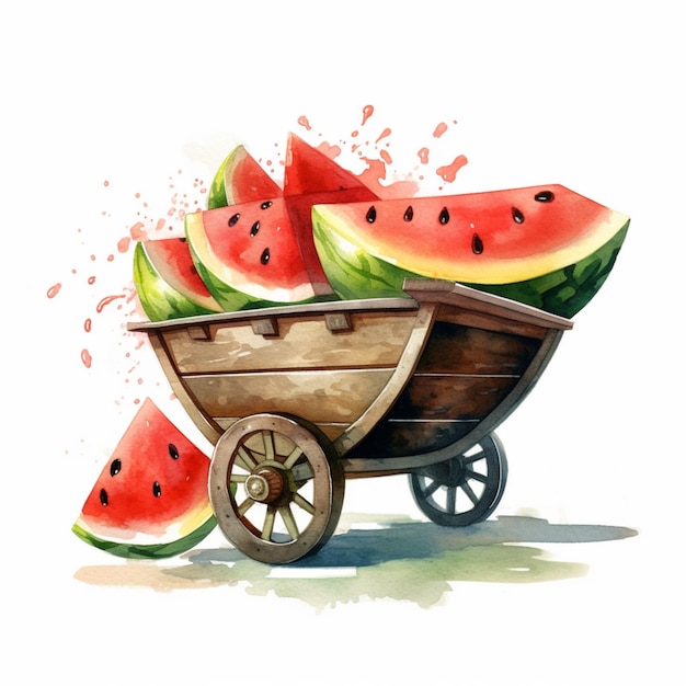 Es gibt einen Wassermelonenwagen mit Wassermelonen darauf.