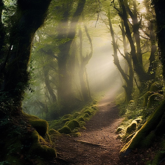 Es gibt einen Weg im Wald mit Moos, das auf dem Boden wächst und generative KI erzeugt