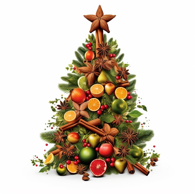 Es gibt einen Weihnachtsbaum aus Früchten und Gewürzen.