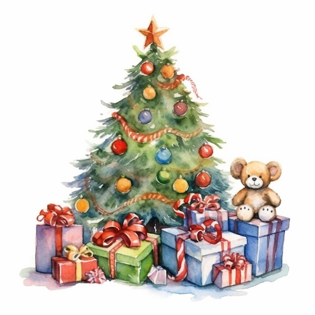 Es gibt einen Weihnachtsbaum mit Geschenken und einen generativen Teddybären