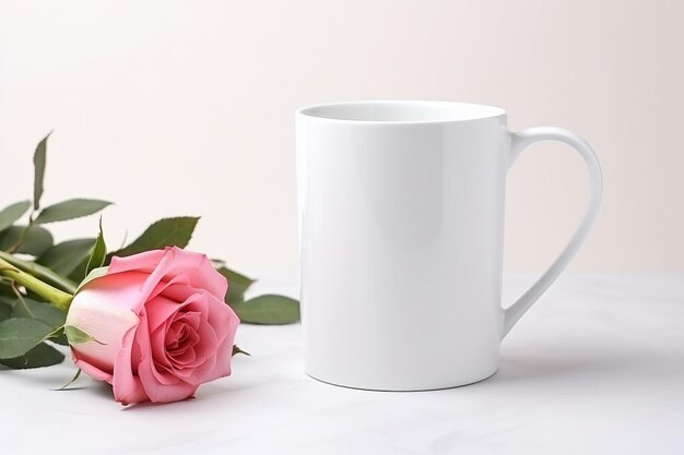 Foto es gibt einen weißen becher und eine rosa rose auf einem tisch.