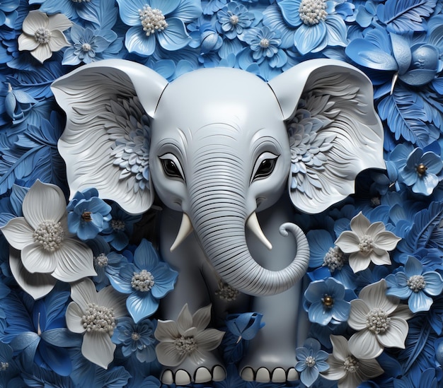 Es gibt einen weißen Elefanten mit blauen Blumen auf dem Kopf. Generative KI