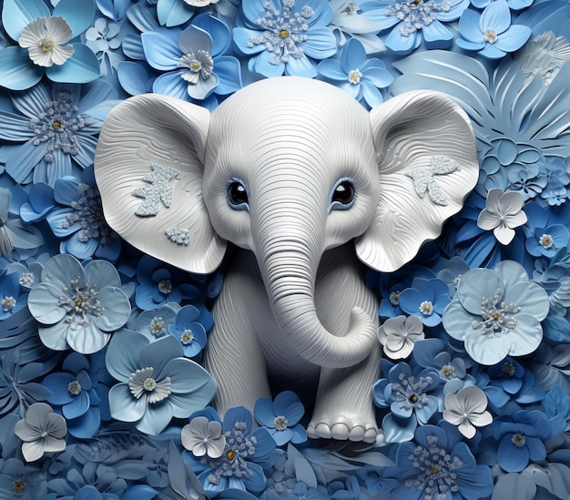 Es gibt einen weißen Elefanten mit blauen Blumen im Hintergrund, generative KI