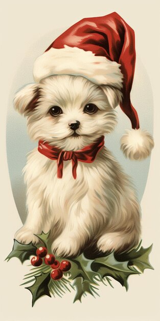 es gibt einen weißen Hund, der einen Weihnachtsmannshut und eine rote Schleife trägt