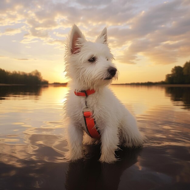 Foto es gibt einen weißen hund, der im wasser sitzt.