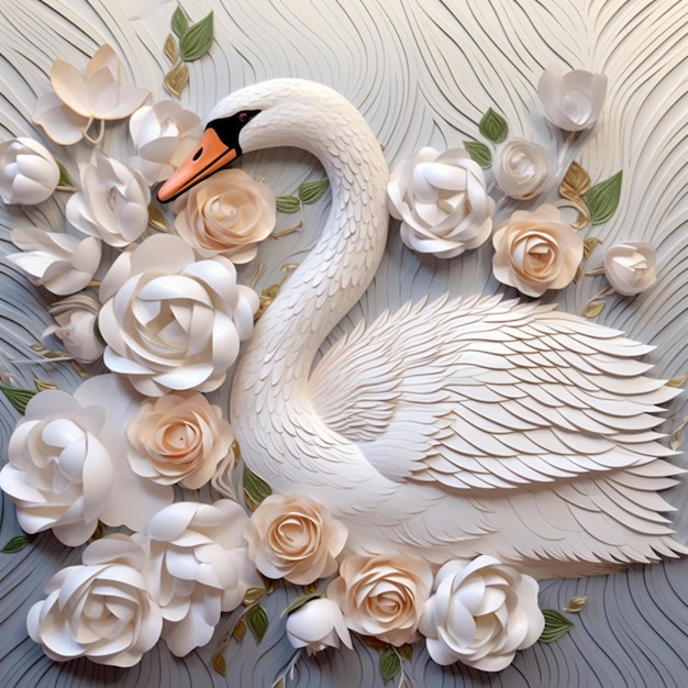 es gibt einen weißen Schwan mit Blumen auf der Oberfläche einer Wand generative ai