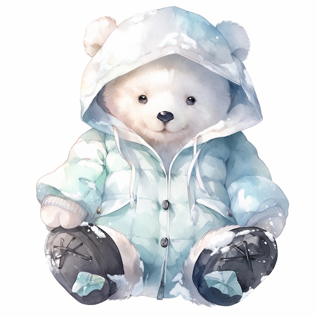 Es gibt einen weißen Teddybären, der eine blaue Jacke und schwarze Stiefel trägt.
