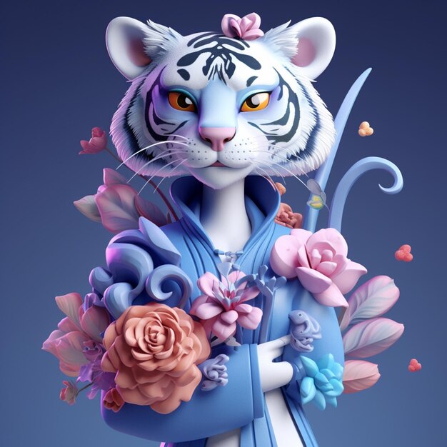 Es gibt einen weißen Tiger mit blauem Gewand und generativen Blumen