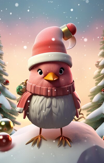 Es gibt einen Zeichentrickvogel, der einen Weihnachtsmannshut und einen Schal trägt.