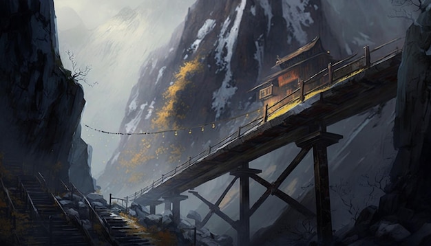 Es gibt einen Zug, der die Gleise in den generativen Bergen der Berge hinunterfährt