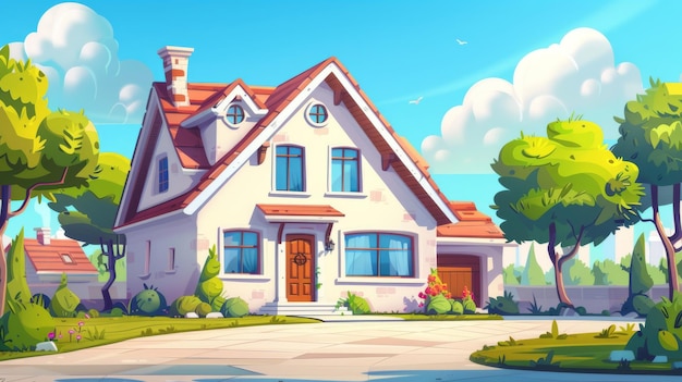 Es gibt Fenster und Türen, ein Dach mit Kamin und eine Garage in diesem Zeichentrickfilm. Moderne Illustration eines großen Familienhauses. Die Vorderseite zeigt ein modernes Landhaus oder eine Villa auf dem Land.