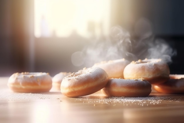 Es gibt fünf Donuts auf einem Tisch mit viel Zucker.