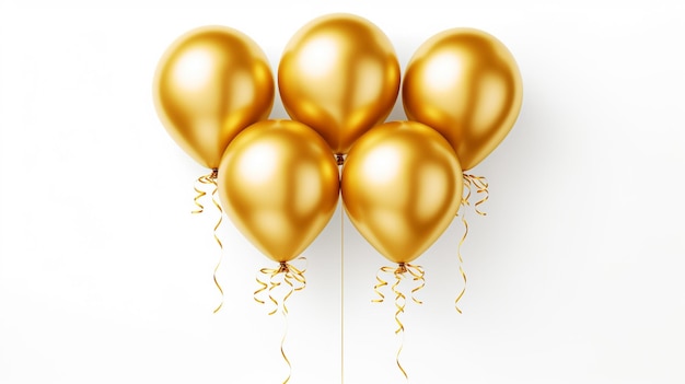 Es gibt fünf goldene Ballons mit goldenen Streifen auf einem weißen Hintergrund.