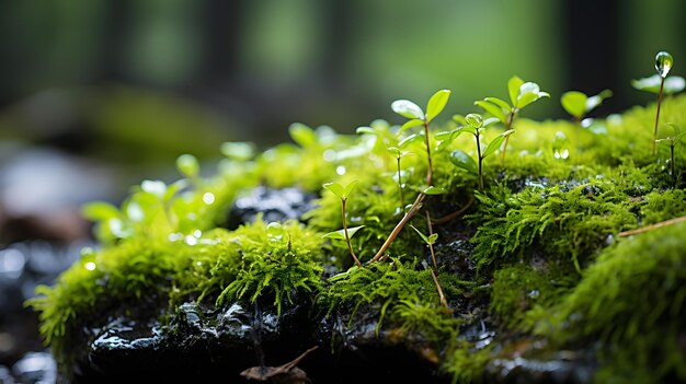 Es gibt kleine Pflanzen, die auf einem moosigen Felsen im Wald wachsen.